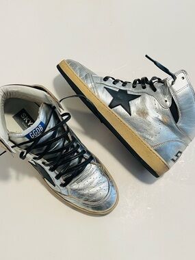 Golden Goose Men’s Sky Star High Top Metallic Silver Leather Sneakers Size 8.5